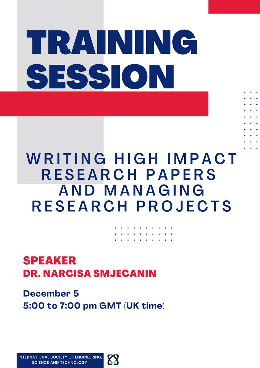 ISEstOrg's tweet photo. 🚀 *Elevate Your Research Skills with ISEST!* 🌟
ISEST is excited to invite you to an exclusive online training session:
📚 *Writing High-Impact Research Papers and Managing Research Projects*  
🗓️ Date: 5th December 2024  
⏰ Time: 5:00 PM to 7:00 PM GMT (UK Time)  💻 https://t.co/ImfRhWesXG