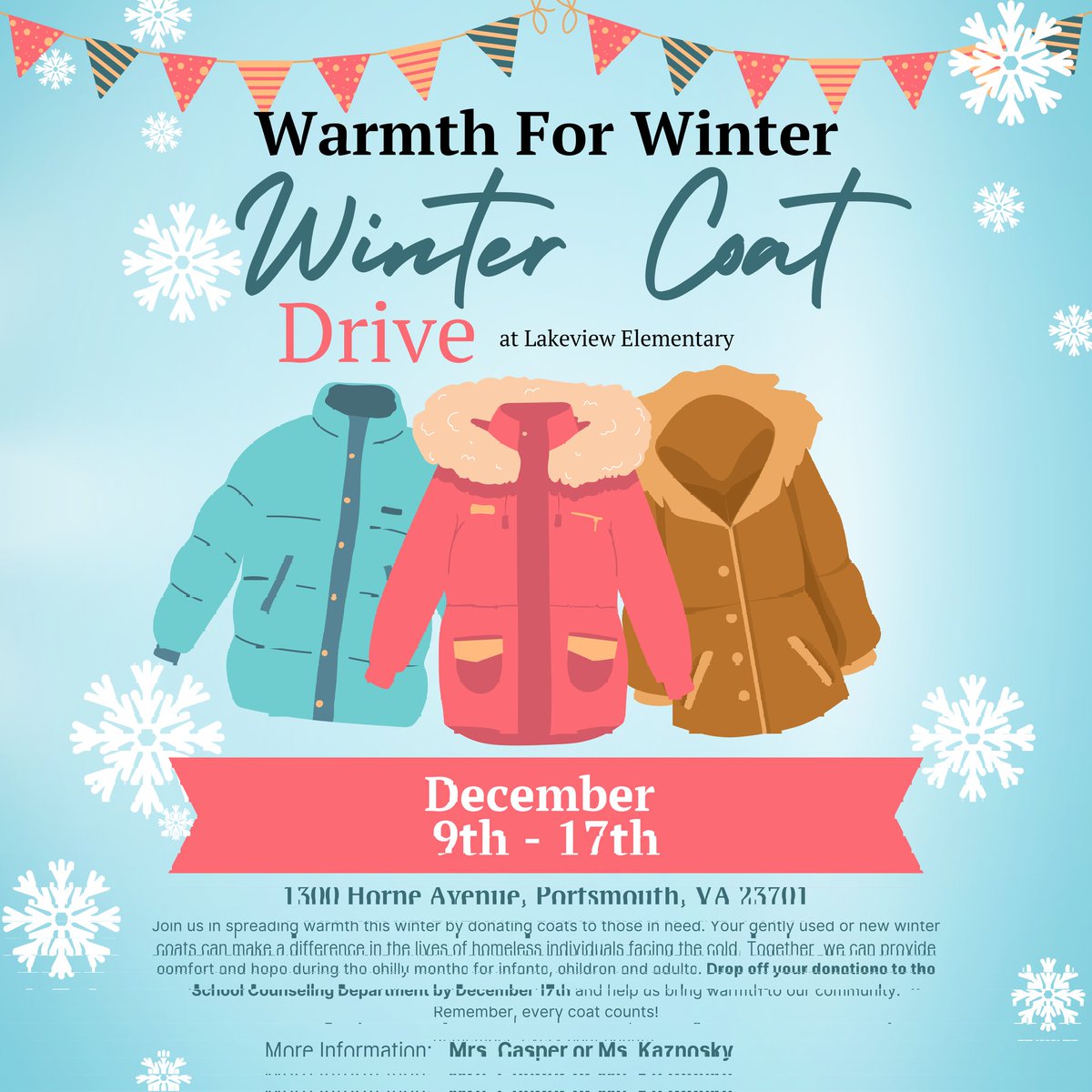 Lakeview Elementary Dolphins (@lakeviewelempps) on Twitter photo Spread warmth this winter by donating new or gently used coats to those in need. Please drop off donations to the School Counseling Department by December 17th and make a difference in our community. ππ¬ #PPSShines #DolphinPride #SwimToSuccess <a href="/ebracyPPS/">Dr. Elie Bracy III</a> Spread warmth this winter by donating new or gently used coats to those in need. Please drop off donations to the School Counseling Department by December 17th and make a difference in our community. ππ¬ #PPSShines #DolphinPride #SwimToSuccess <a href="/ebracyPPS/">Dr. Elie Bracy III</a>
