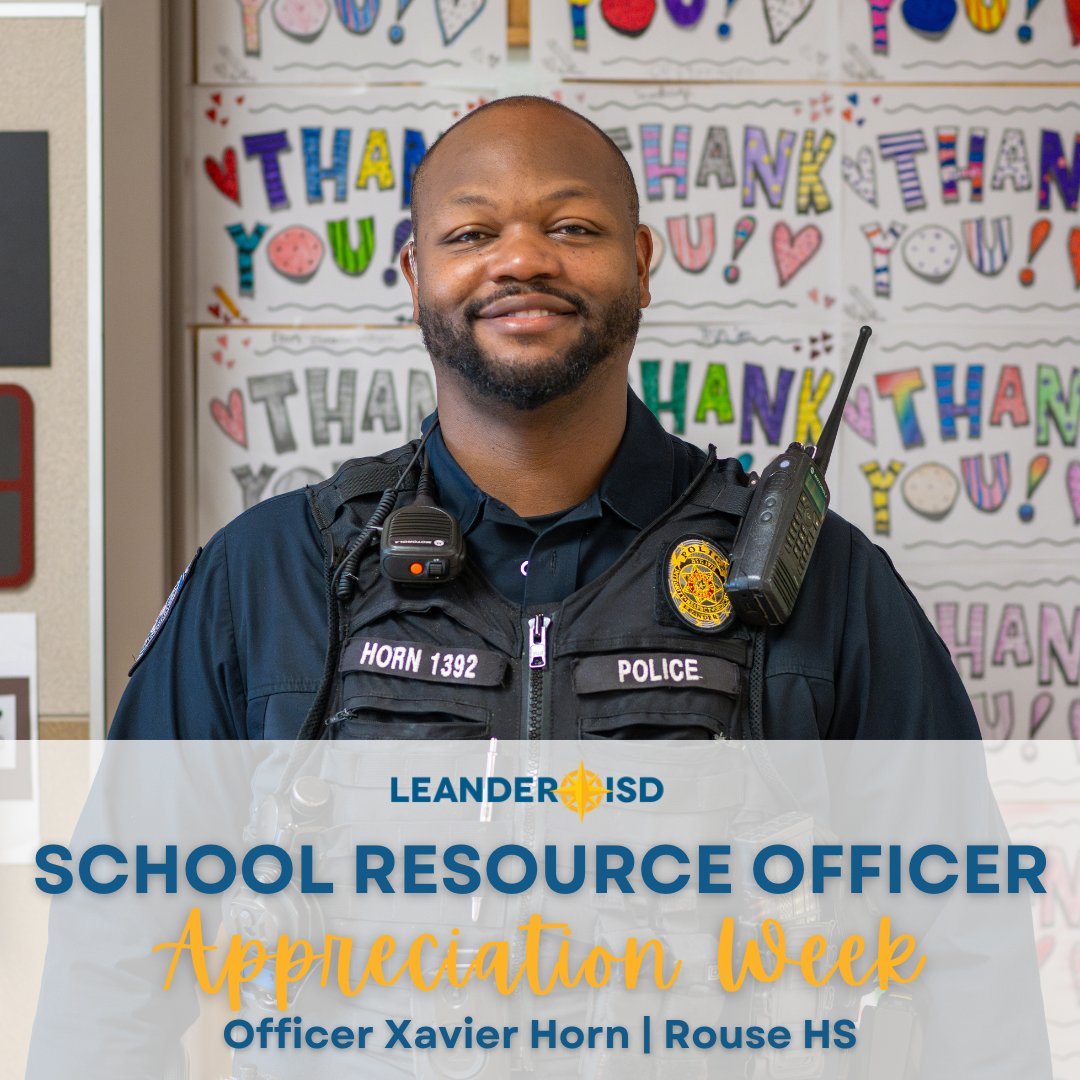LeanderISD's tweet photo. Honoring the dedication and service of Officer Xavier Horn towards the Rouse High School community for two great years! Discover his journey into law enforcement and the joy he finds in being a part of #1LISD. We salute you, Officer Horn! https://t.co/zfp5aSSSNq