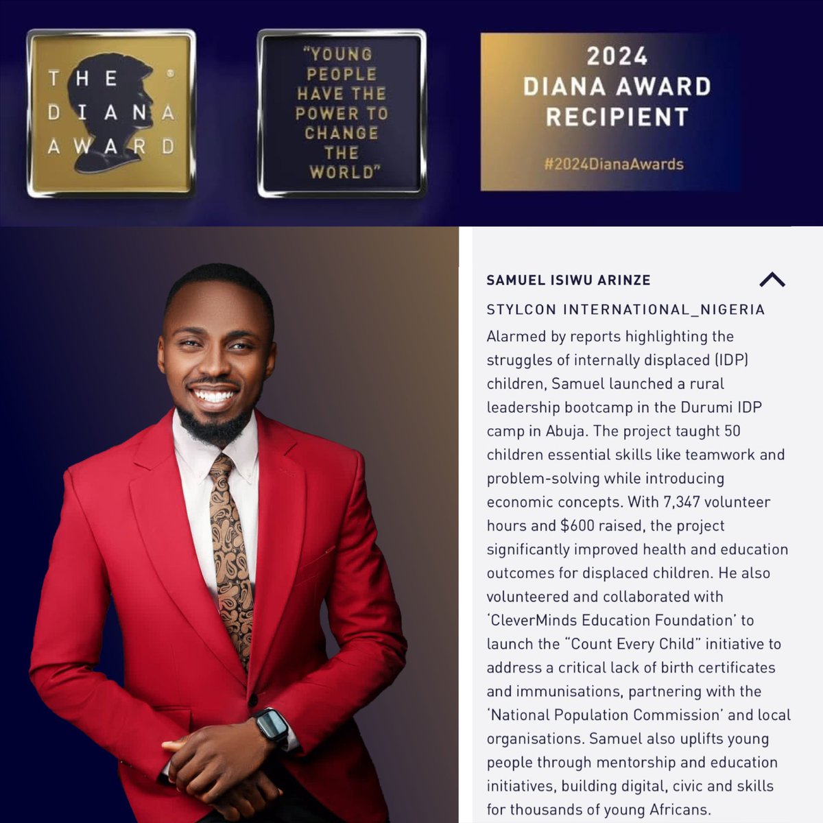 Samuelisiwu2's tweet photo. A Huge Milestone!🙏🏼🎉

I’m honored to be receiving The Diana Award 2024 from the British Royal Family in memory of Diana, Princess of Wales. This award, strictly by nomination, is the highest accolade a young person can achieve for their social action or humanitarian efforts. https://t.co/vfzNniyxc9