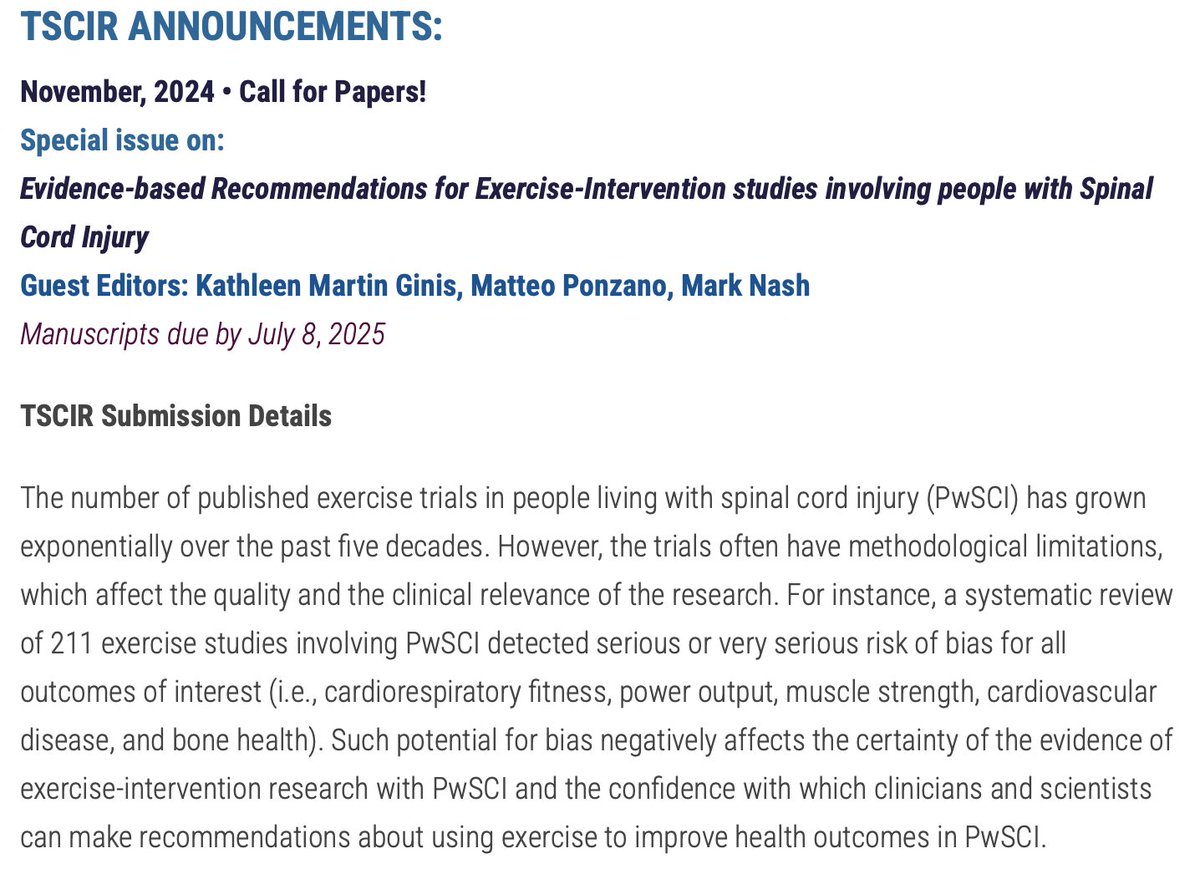 The recommendations can be accessed here: tinyurl.com/28cpp2sf 

This process has led to a <a href="/ASIA_spine/">ASIA</a> special issue, which calls for high-quality SCI exercise-intervention research that aligns with these newly developed recommendations ⬇️

Submission deadline July 2025 (2/2)