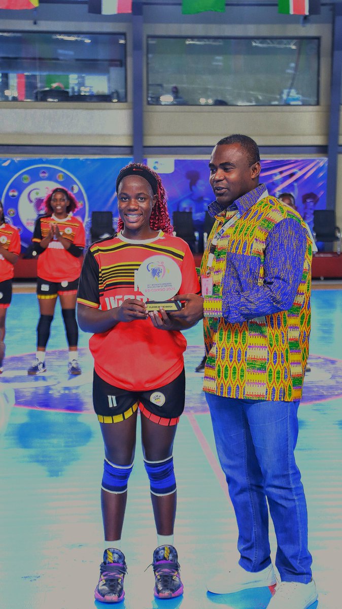 Uhandball's tweet photo. Aber Priscilla of @KibuliSecSchool merged the Woman of the Match as the Nile Queens of Uganda where battling Kenya in Africa's Biggest handball championship #AFCON2024 
#AFCON2024 Kinshasa 
#NileQueens 
#UgandaHandball🇺🇬 @Airtel_Ug @UgandaPrisons https://t.co/0nsiY72HbG