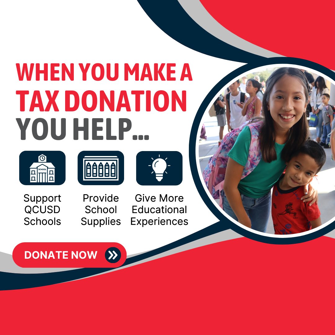 QcusdNutrition's tweet photo. Support our school through tax credit donations! Your contribution helps fund valuable
programs like art, sports, field trips, and more. Visit
https://t.co/vQtpCZnWvV to donate today! #SupportQCUSD https://t.co/KXG6bWvcjL