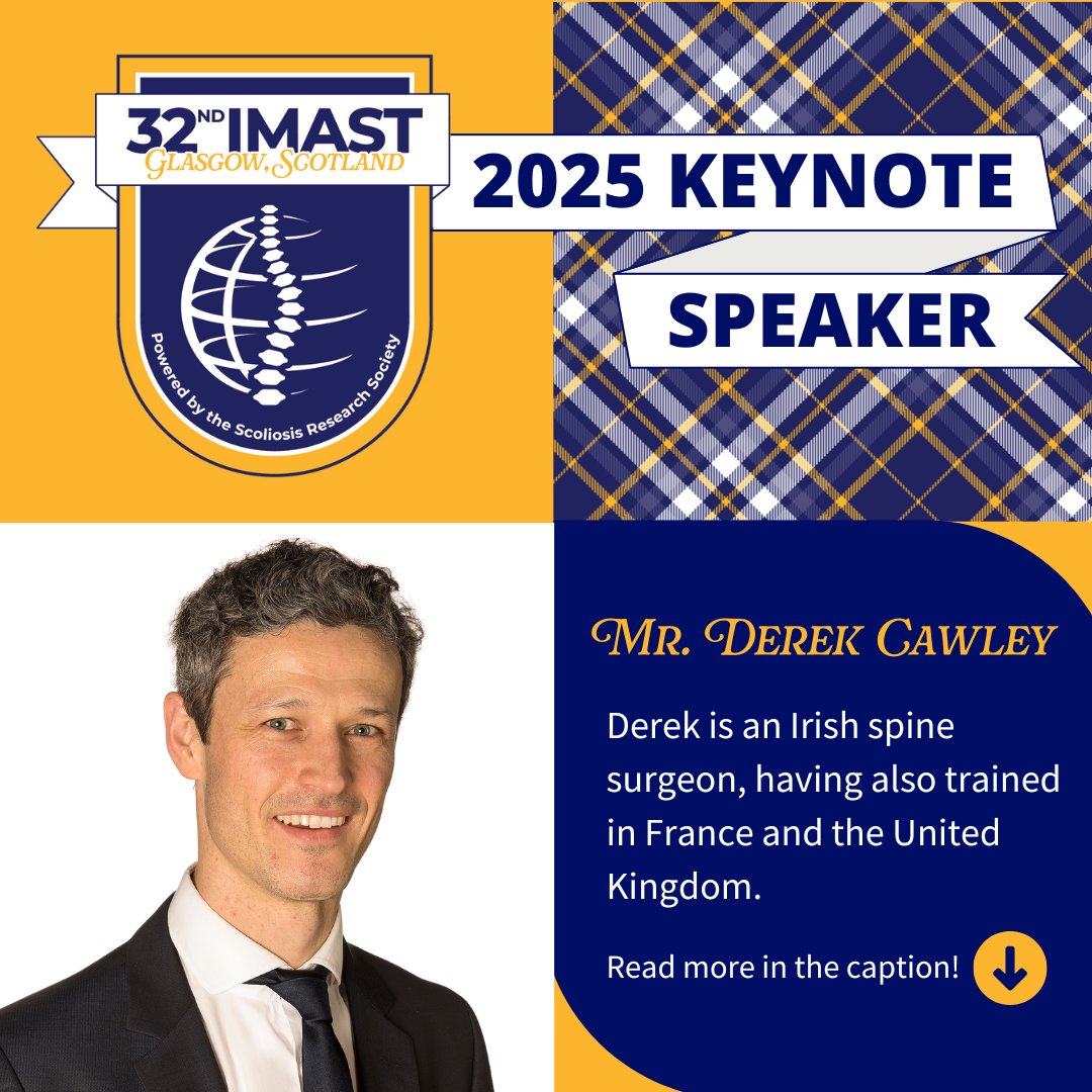 SRS_org's tweet image. Introducing the keynote speaker for the 32nd International Meeting on Advanced Spine Techniques (IMAST) in Glasgow, Scotland: Mr. Derek Cawley! #SRSIMAST25 #SpineResearch #SpineTalk #ScoliosisResearch #SpineSurgeon

Read Derek&apos;s full bio: srs.org/Meetings-Confe…