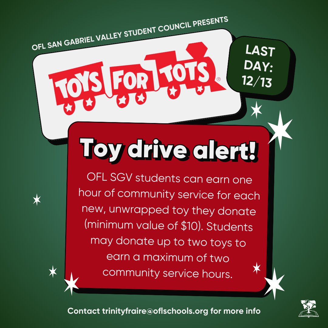 OFLSchools's tweet photo. 🎁 Our Student Council is running the Toys for Tots drive - drop off a new toy and help make a kid's holiday brighter. Who's in? 🤝

Drop-off boxes are located at:
📍 OFL Duarte
1202 E Huntington Drive
Duarte, CA 91010

📍 OFL Ramona
12731 Ramona Blvd. #201
Irwindale, CA 91706 https://t.co/tnRsbH6Vlm
