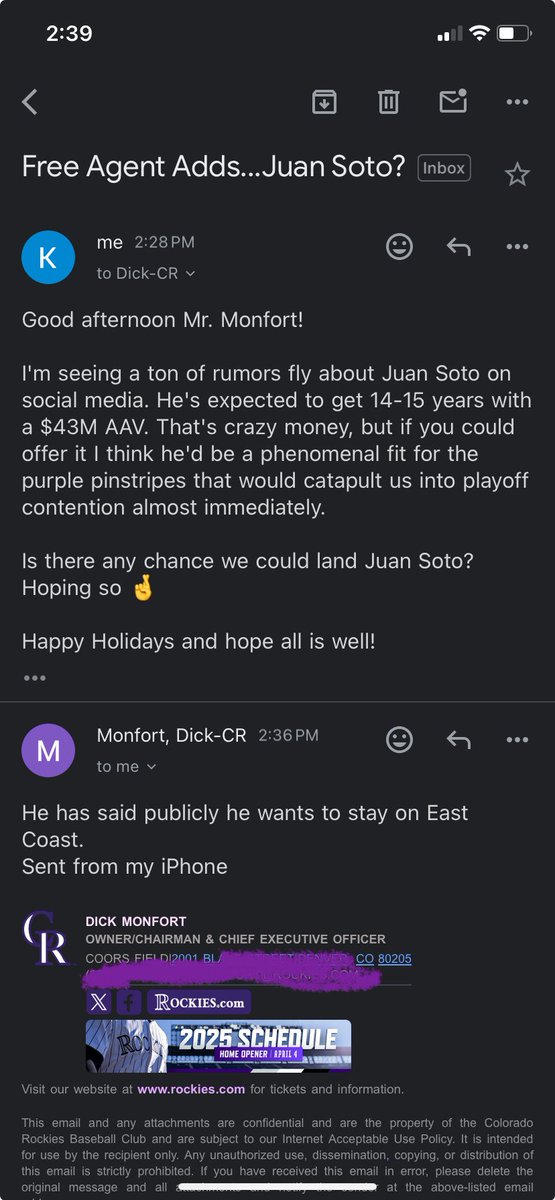 I can confirm that the Colorado Rockies are indeed OUT in regards to the Juan Soto chase, but not for the reasons you'd expect