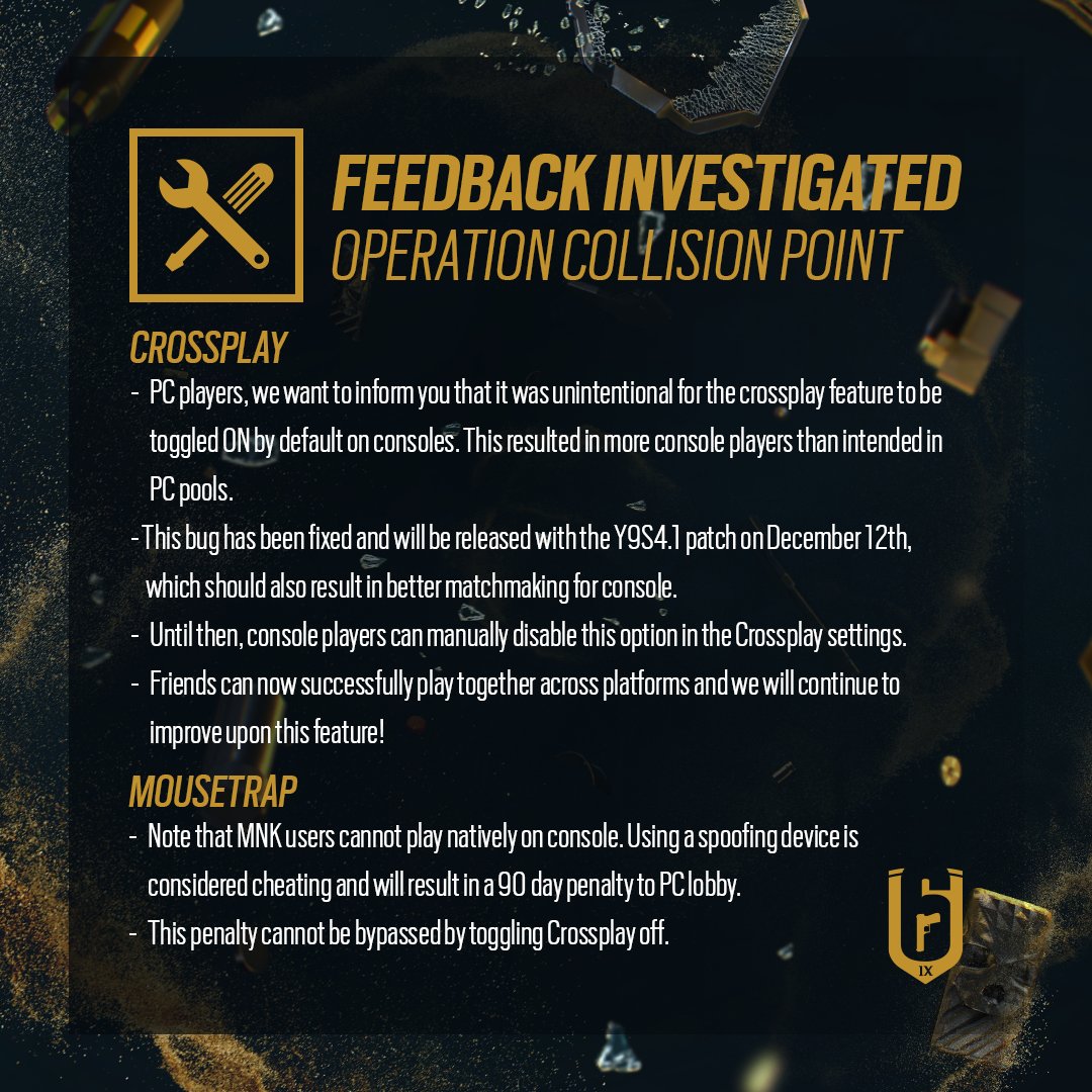 Rainbow6Game's tweet photo. We've heard your mixed reactions and feedback on the new Crossplay feature. https://t.co/v1jXjQYRhE