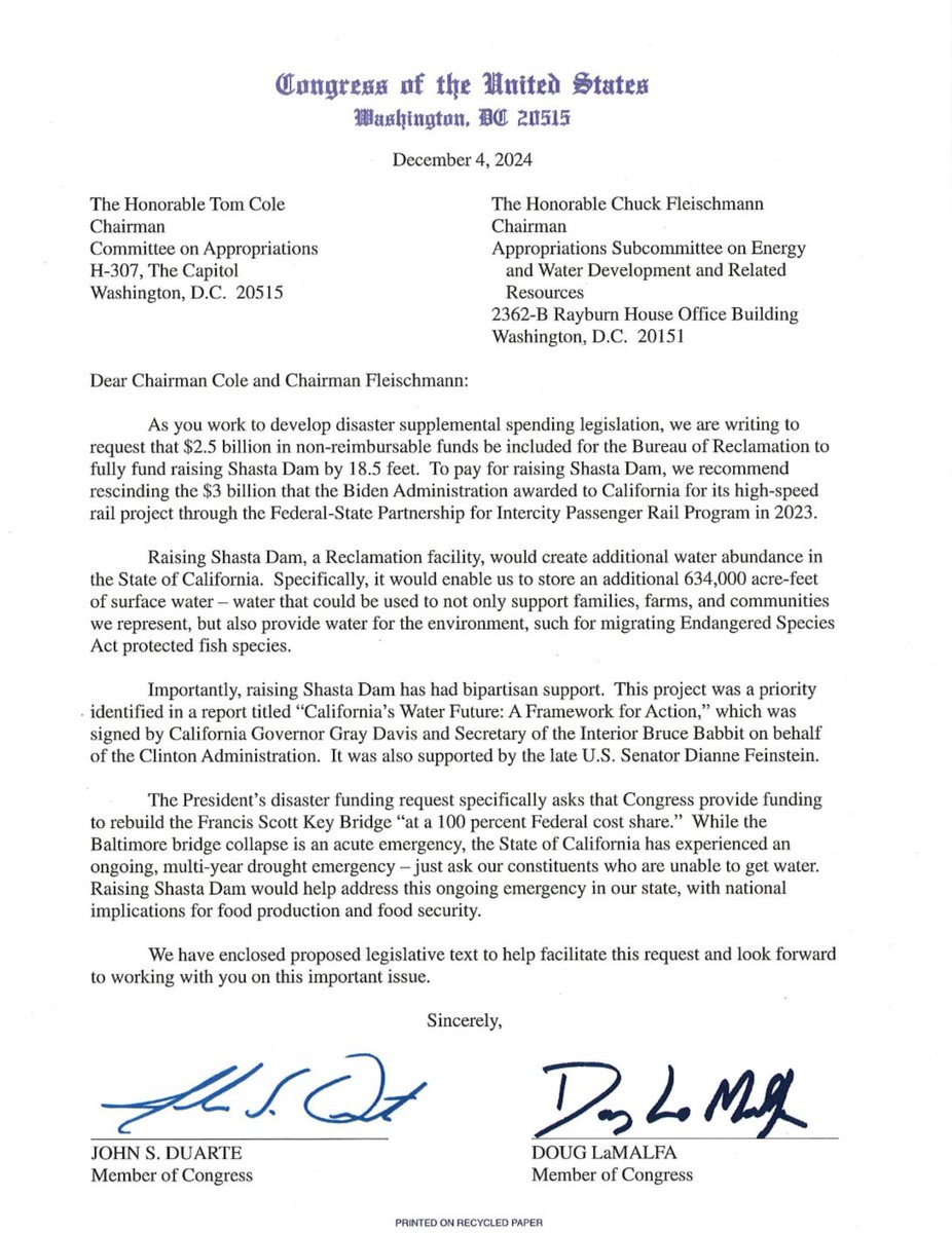 RepDuarteCA13's tweet image. Our Valley’s water crisis demands action. Raising Shasta Dam by 18.5 feet would add 634,000 acre-feet of storage - water for our families, farms, and wildlife. I’m working in Congress to provide $2.5B to fund this project.