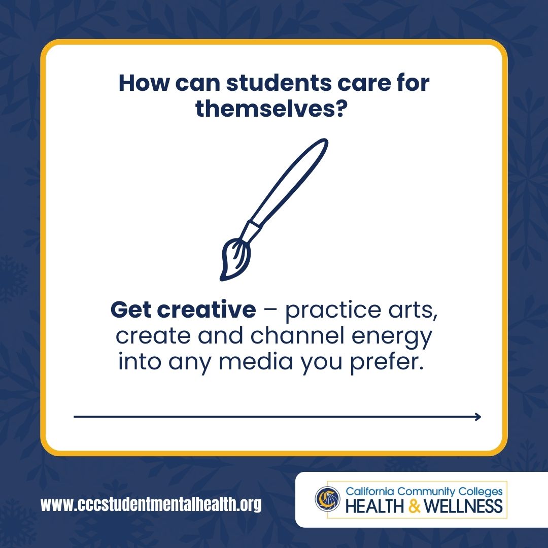 ccchealthwell's tweet photo. Finals &amp; the holidays can be stressful!

Take care of yourself with these tips:

- Self-care during finals
- Managing stress

Find resources at https://t.co/vjg0GMhr6c https://t.co/GLAsOzZXmF