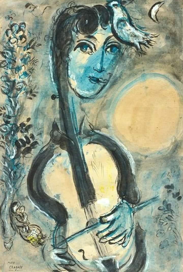 Marc Chagall (ruso/francés, 1887-1985)
"Los cellistas", 1964.
Gouache, tinta, tinta eash y pastel en papel,
35 2/5 × 24 2/5 pulgadas. (90 × 62 cm)
Colección privada.