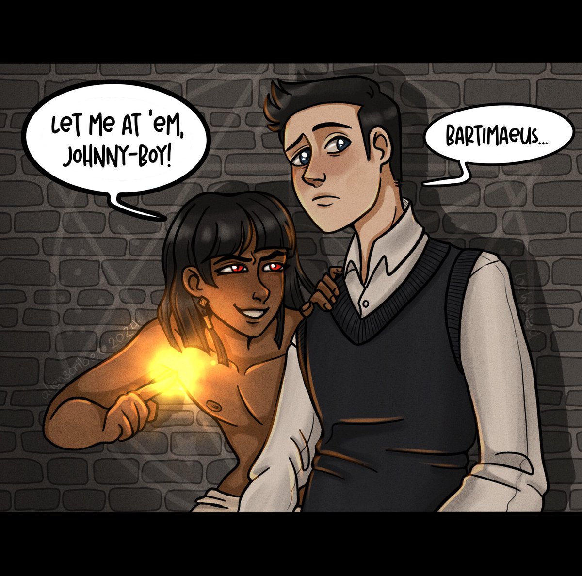 Coming clean today - my favourite <a href="/JonathanAStroud/">Jonathan Stroud</a> universe is actually the world of Bartimaeus 🥹 
To celebrate that I'm rereading the books rn here's a doodle of everyone's favourite idiots on a mission!🫡

#Bartimaeus #SaveLockwoodandCo #JonathanStroud