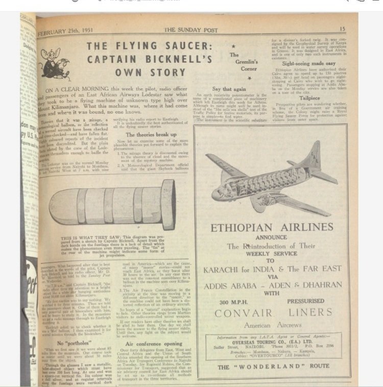 Africateller_io's tweet photo. Since 1950's The East African Airspaces  covering Kenya and Tanzania has experienced 1  declassified u.f.o. sitings.

Feb 1951-Mt Kilimanjaro ,Tanzania By Kenyan Pilots departing from Nairobi enroute  to Tanganyika

The spacecraft was described to be cigar-shaped by witnesses. https://t.co/wzRBJFK3mU