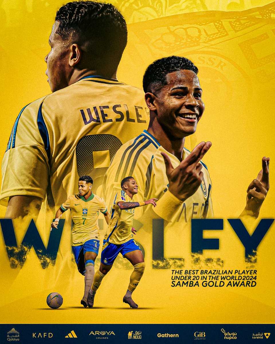 نجـم المنتخب البرازيلي ونادي #النصر الشاب ويسلي تيكسيرا 🇧🇷
يفوز بجائزة سامبا الذهبية، كأفضل لاعب برازيلي تحت 20 عام في العالم 👏

ألف مبروك لنجمنا الشاب 🤩