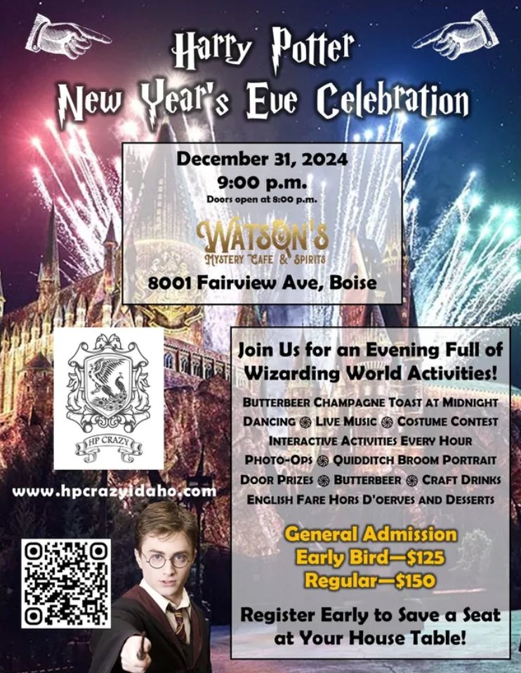 Don't miss our event on New Years!

BOOK NOW: watsonsmysterycafe.com/events

#escapeatwatsons
-
#harrypotter #newyears #holidayseason #watsonsmysterycafeandspirits #boiseidaho #local #community