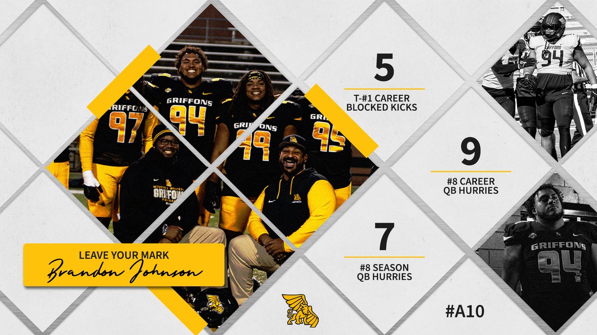 Missouri Western Football (@mwsu_football) on Twitter photo ๐ฆ
๐๐๐๐ฏ๐ ๐๐จ๐ฎ๐ซ ๐๐๐ซ๐ค๐ฆ
<a href="/brandon33j/">Brandon Johnson</a> appeared in 42 games and tied a career record in Blocked Kicks!
Congratulations, Brandon, on a excellent career as a Griffon. Your name will be etched in the record books for all time!
#A10Mentality | #GriffUp๐ฆ
๐ฆ ๐ฆ
๐๐๐๐ฏ๐ ๐๐จ๐ฎ๐ซ ๐๐๐ซ๐ค๐ฆ
<a href="/brandon33j/">Brandon Johnson</a> appeared in 42 games and tied a career record in Blocked Kicks!
Congratulations, Brandon, on a excellent career as a Griffon. Your name will be etched in the record books for all time!
#A10Mentality | #GriffUp๐ฆ
๐ฆ
