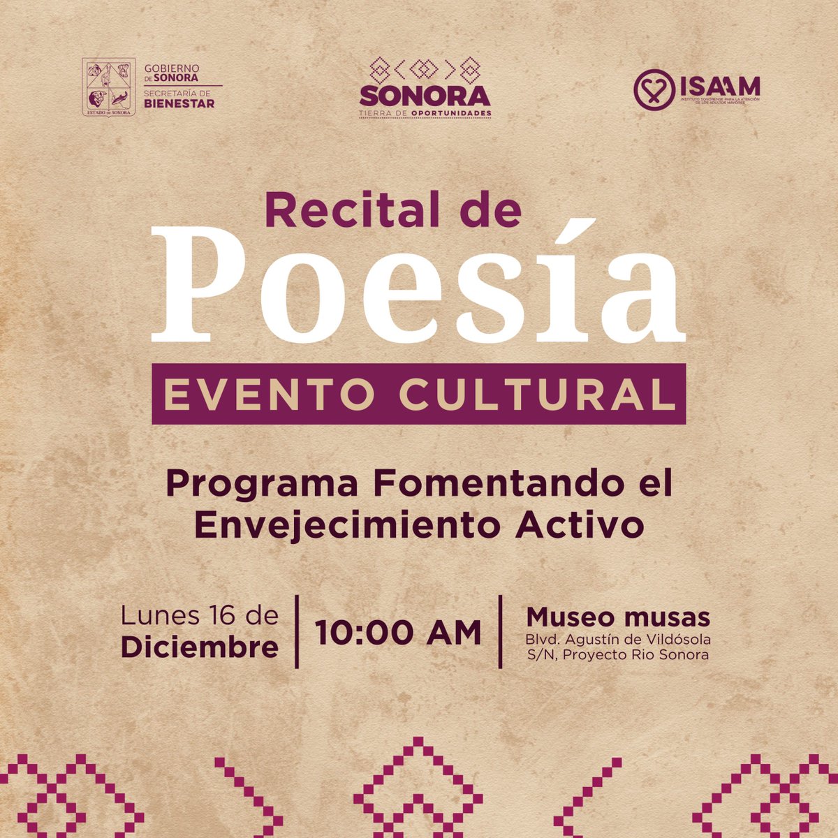 SonoraBienestar's tweet photo. 🟠 La Secretaría de Bienestar, a través de #ISAAM, extiende una cordial invitación al Recital de Poesía, evento que celebra el talento y sensibilidad de las personas adultas mayores que forman parte de nuestra institución.
📅 Lunes 16 de diciembre
🕙 10:00 AM
📍 Auditorio MUSAS https://t.co/TUwIYEAm5S