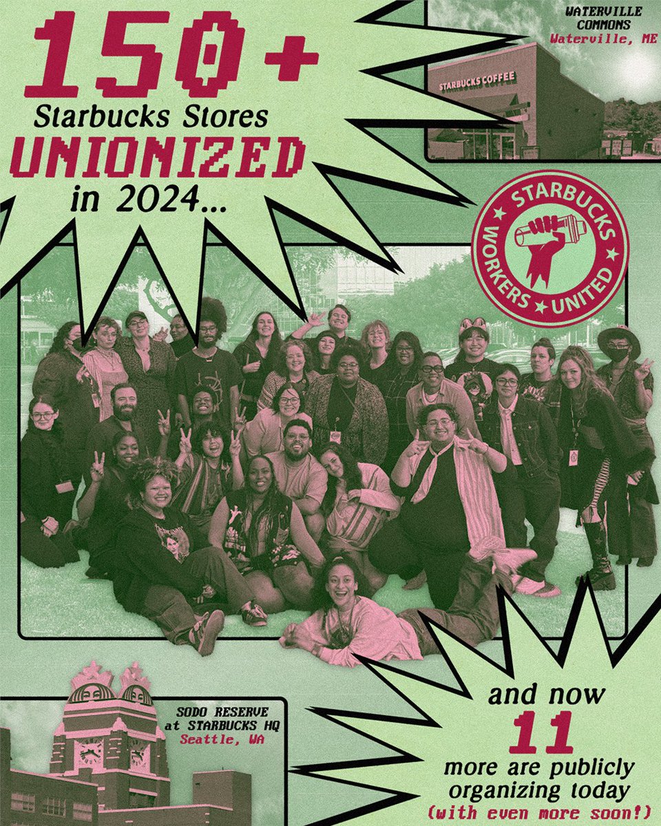 SBWorkersUnited's tweet photo. Starbucks workers are entering the final phase of negotiations at the bargaining table- and each month, more and more are organizing unions.

In fact, 150+ stores unionized this year alone!

Today, 11 more stores are announcing their union efforts- with more TBA soon🧵 https://t.co/EvwIx6Xmpn