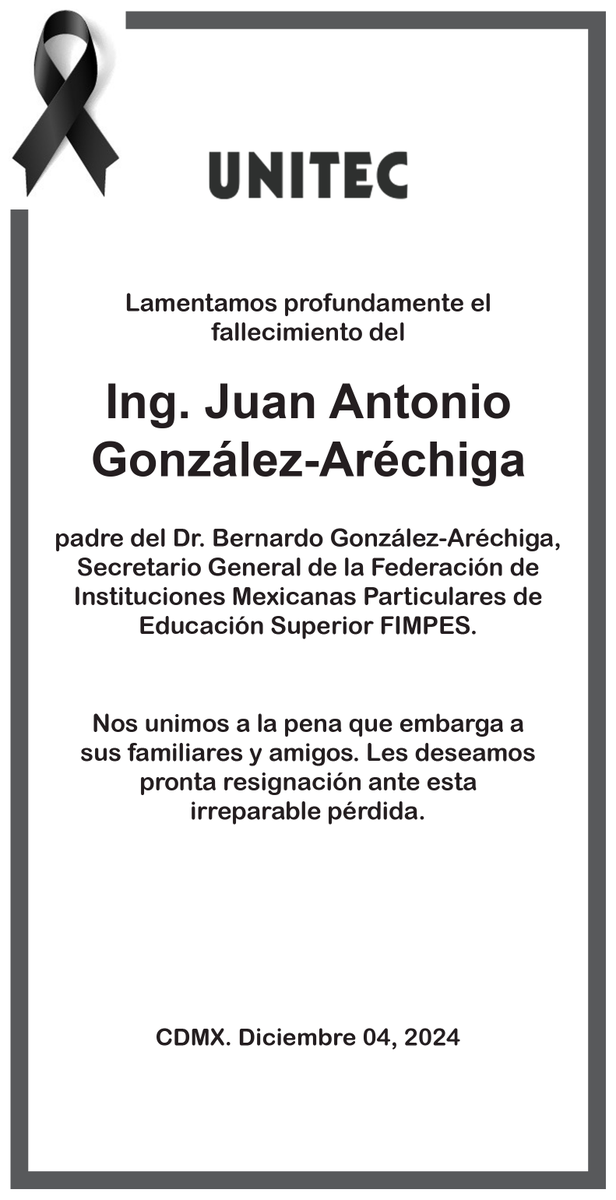 Nuestras sinceras condolencias al Dr. Bernardo González-Aréchiga, ante el fallecimiento de su padre, el Ing. Juan Antonio González-Aréchiga. Descanse en paz.