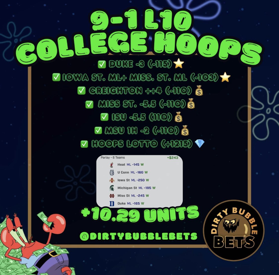 ⭐️ COLLEGE HOOPS FREEPLAY ⭐️

Coming Off Yesterday's SWEEP 🧹🧹

LIKE ❤️ + RT ♻️ FOR A FREEPLAY 💎

Must Be Following <a href="/DirtyBubbleBets/">Dirty Bubble Bets</a> ✅

Game Starts In One Hour - BE QUICK‼️🚨

#GamblingX #GamblingTips #FreePlays