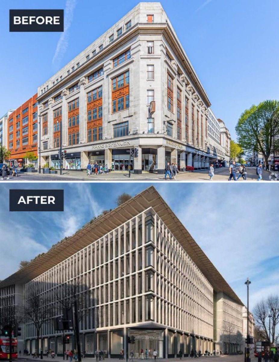 Alexarmstrong's tweet photo. Before and after of the new plans Angela Rayner has approved for Regent Street M&amp;S.

A beautiful Art Deco building is getting demolished for this cheap POS.

I’ve seen Tesco’s with more character. https://t.co/Wpwpf2IptX