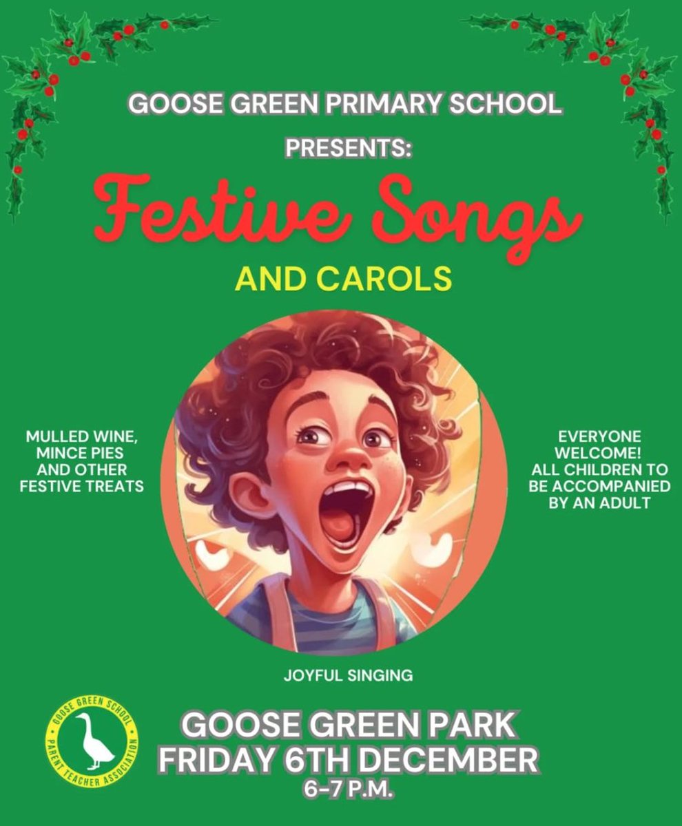 GooseGreenPTA's tweet photo. Join us for Festive Songs &amp; Carols! 🎶✨
Goose Green Park, 6th December
#goosegreenpark #goosegreenschool #goosegreenprimaryschool
#festivesongs #christmas #dulwich #eastdulwich https://t.co/8iGCZcUzkU