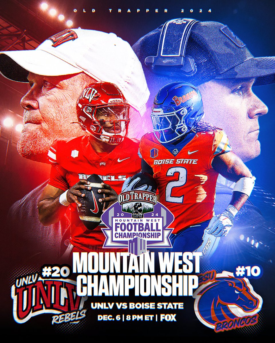 CFBONFOX's tweet photo. Who will be crowned @MountainWest Champion? 🏆👀

No. 20 @unlvfootball takes on No. 10 @BroncoSportsFB Friday on FOX! 🍿

📺: Coverage begins at 7pm ET
🏈: Game begins at 8pm ET https://t.co/Ws7BzKvNUO