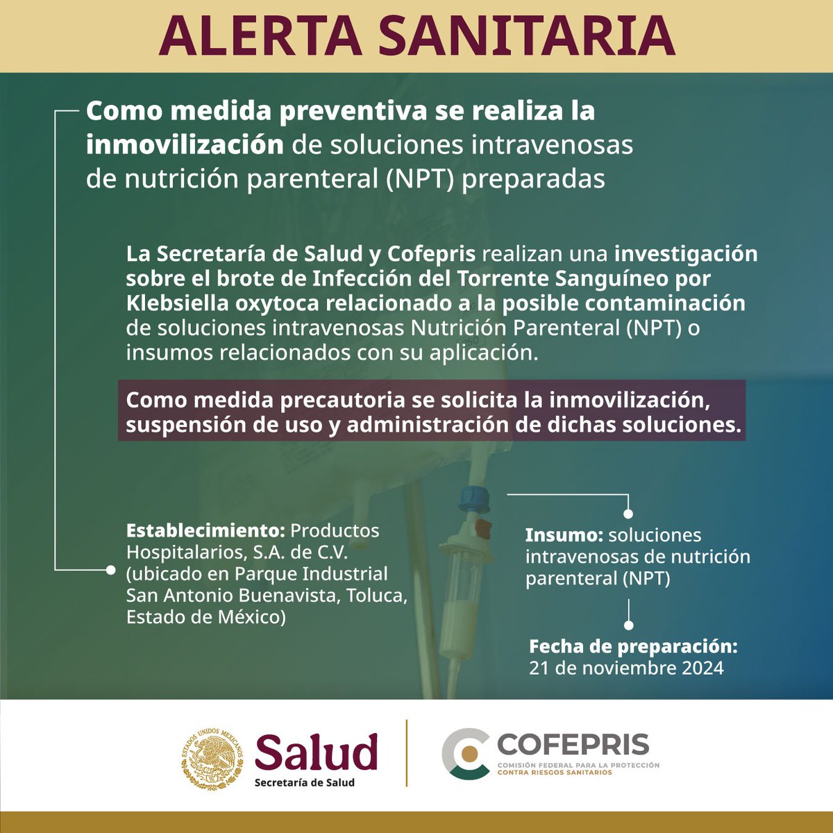 COESPRISSON's tweet photo. #CofeprisAlerta🚨
Sobre inmovilización de soluciones intravenosas de nutrición parenteral (NTP) preparadas.
👉https://t.co/8DI8CLGi16
Consulta Boletín SSA 👉 https://t.co/oVqFpYd7El https://t.co/fZJi6vhxnK