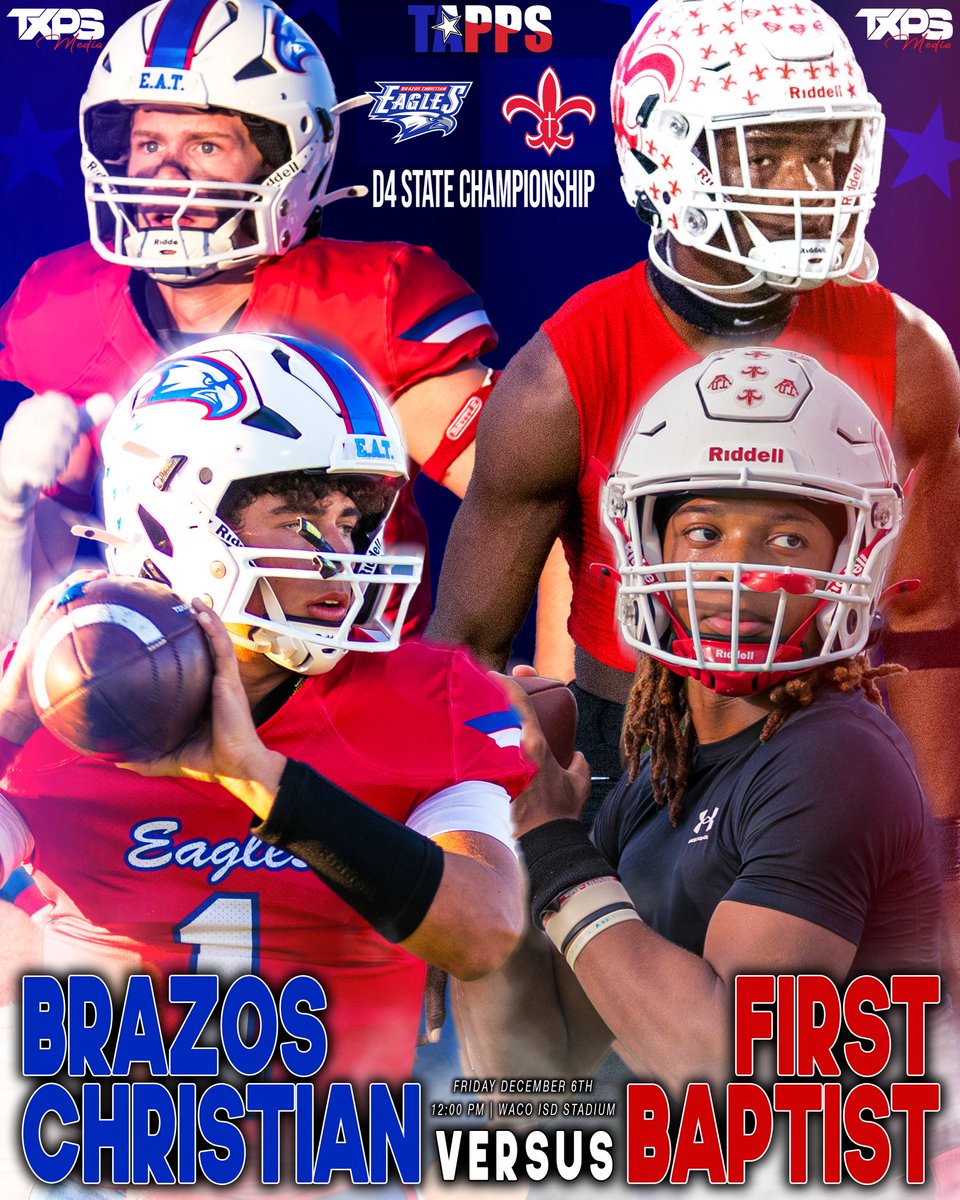 The TAPPS D4 State Championship 

Brazos Christian. First Baptist. Waco ISD Stadium. 12 PM. TOMORROW!

Stay tuned on Twitter, IG, and YouTube for full coverage of the game!

txpsmedia.com | #txhsfb