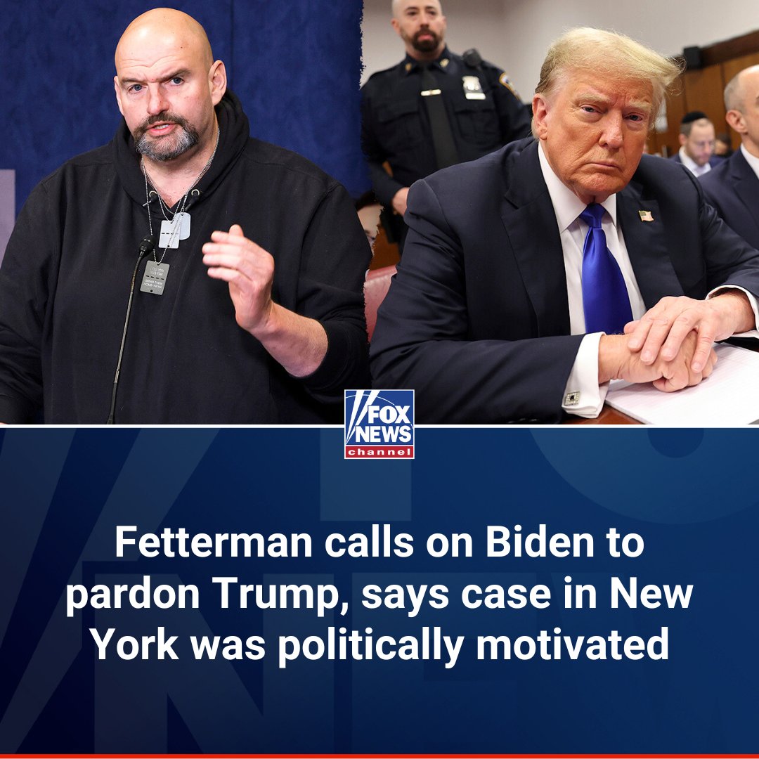 FoxNews's tweet photo. 'WEAPONIZED': Sen. John Fetterman (D-PA) called for President-elect Trump to be pardoned for his New York trial after President Biden pardoned his son Hunter, saying both cases were "politically motivated." https://t.co/Dh2Bo23iss https://t.co/48QoyVm9e3