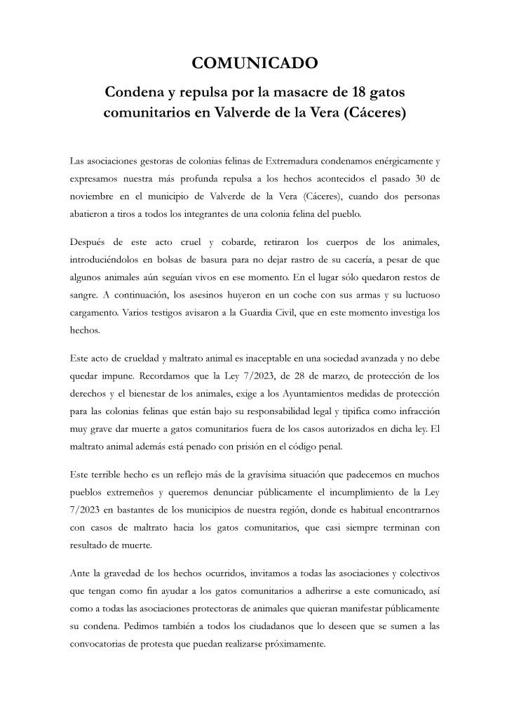 La Asociación Felina de Romangordo se suma al comunicado de condena y repulsa por los hechos ocurridos en Valverde de la Vera (Cáceres).