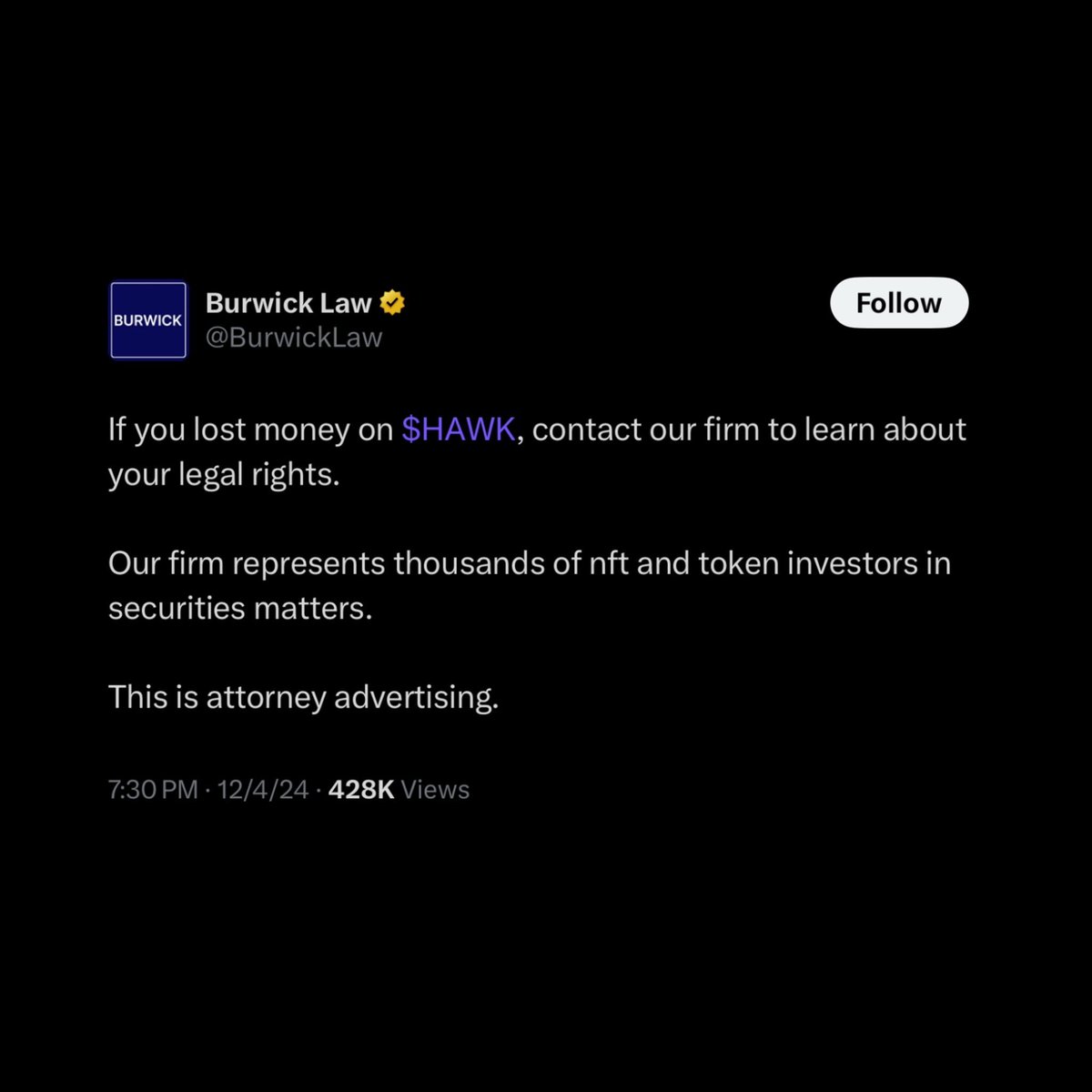 🚨🚨🚨CRYPTO FRAUD ALERT 

LADIES AND GENTS . law FIRM #1 has arrived 

#HAWK TUAH coin. 

How many more firms join? 

Reach out ⬇️. Share the ❤️. 

Stay safe and warn!

<a href="/Mr_Derivatives/">Heisenberg</a> <a href="/great_martis/">The Great Martis</a>