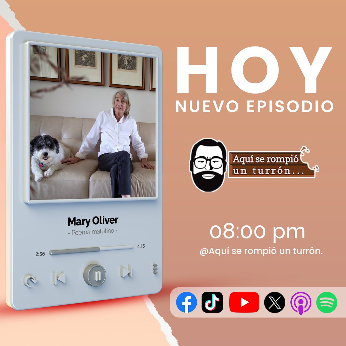 PodcastTurron's tweet photo. Hoy en punto de las 8:00 pm, no te pierdas nuestro pódcast "Aquí se rompió un turrón" Nuevo episodio, Mary Oliver, Poema matutino.
Gratis en:
Spotify:
https://t.co/HFu18tPMjb
 Apple Podcast:
https://t.co/9SbpsZPzy8
YouTube:
https://t.co/5sd8SKEoIl https://t.co/HqbhFQbKyC
