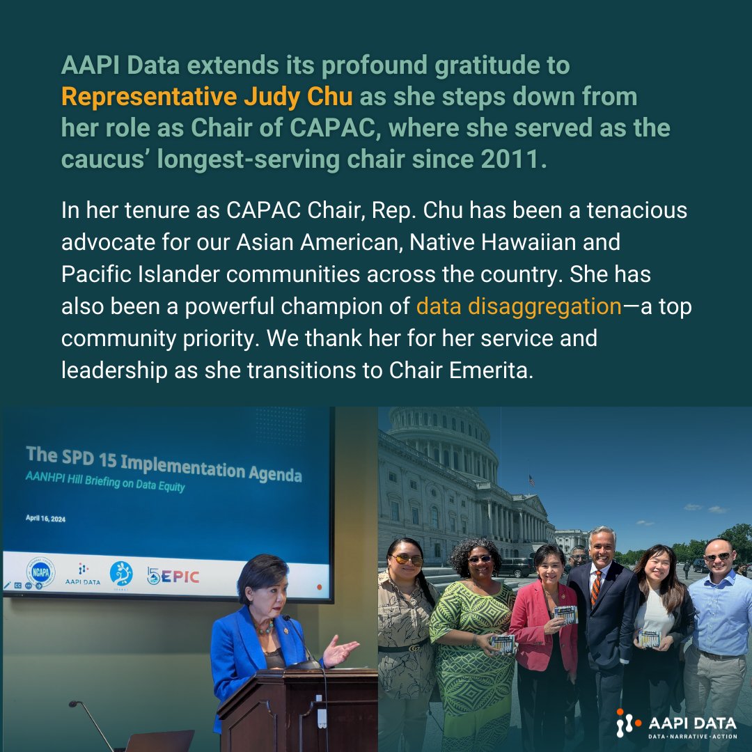 AAPIData's tweet image. We are profoundly grateful for @RepJudyChu&apos;s work over the years for our communities and for being a champion of #datadisaggregation!