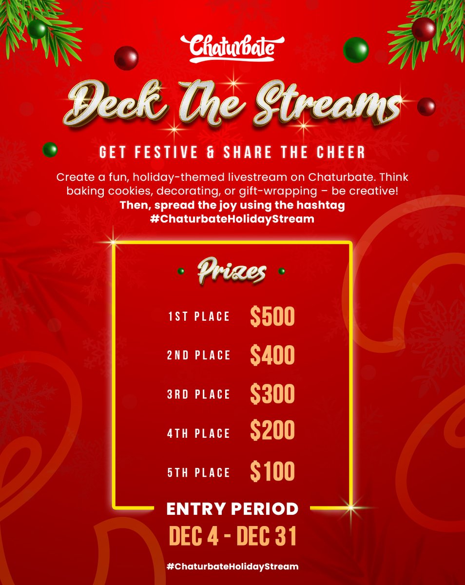 Show your holiday spirit, Chaturbate style! 🎄✨ Stream festive fun like cooking, decorating, or gift-wrapping this December. Share your photos on Twitter with #ChaturbateHolidayStream for a chance to win cash prizes. 🎁

Contest rules: chaturbate.com/contest-rules/