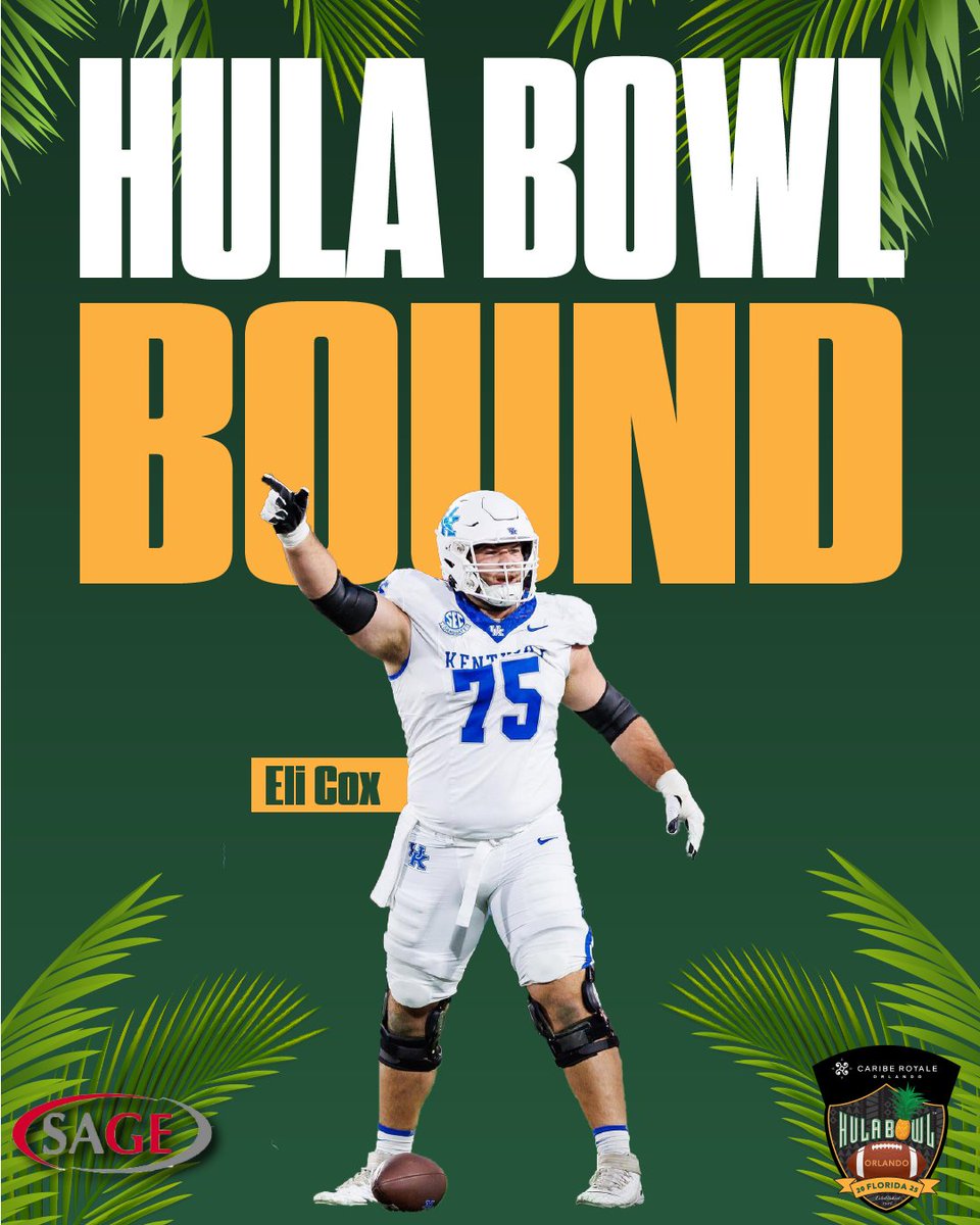 Hula Bowl (@hula_bowl) on Twitter photo Hula Bowl Bound! 👏🏼
<a href="/elicox59/">Eli Cox</a> has officially accepted his invite to the Caribe Royale Orlando 2025 Hula Bowl All-Star Game!
#ForTheTeam | #HulaBowl2025 🏈
<a href="/UKFootball/">Kentucky Football</a> <a href="/SAGECards/">SAGE Collectibles</a> <a href="/cariberoyale/">Caribe Royale Orlando</a> <a href="/NFL/">NFL</a> <a href="/CoachScottFB/">Coach Scott Phillips</a> Hula Bowl Bound! 👏🏼
<a href="/elicox59/">Eli Cox</a> has officially accepted his invite to the Caribe Royale Orlando 2025 Hula Bowl All-Star Game!
#ForTheTeam | #HulaBowl2025 🏈
<a href="/UKFootball/">Kentucky Football</a> <a href="/SAGECards/">SAGE Collectibles</a> <a href="/cariberoyale/">Caribe Royale Orlando</a> <a href="/NFL/">NFL</a> <a href="/CoachScottFB/">Coach Scott Phillips</a>