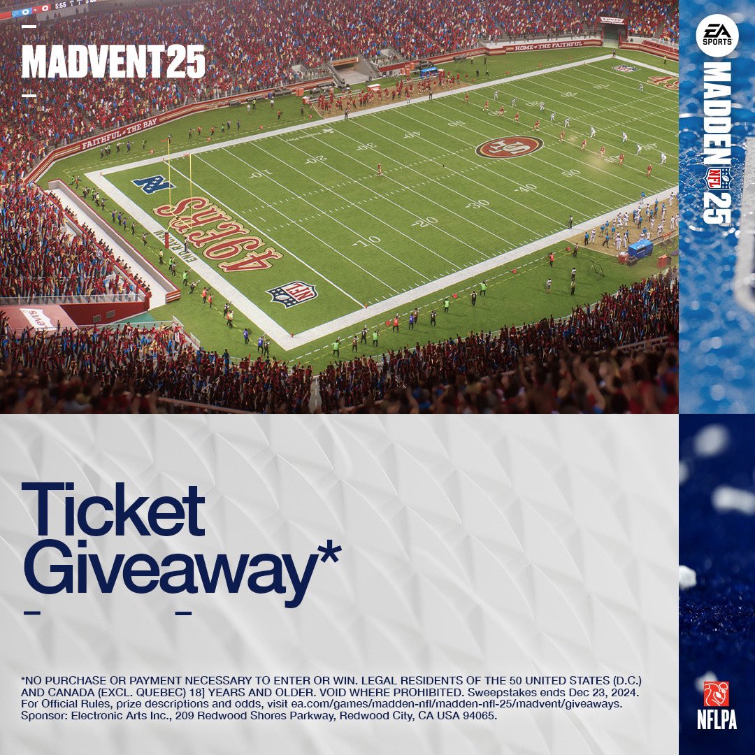 EAMaddenNFL's tweet image. A Perfect Pair of @49ers tickets to the Week 17 MNF game? Yes please.

Comment below with #Madden25Sweeps and repost by 12/7/24 at 5pm ET to enter by for a chance to win.

NO PURCHASE NEC. U.S./Canada res. 18+ Ends 12/23/24. Visit x.ea.com/82686 for more details.