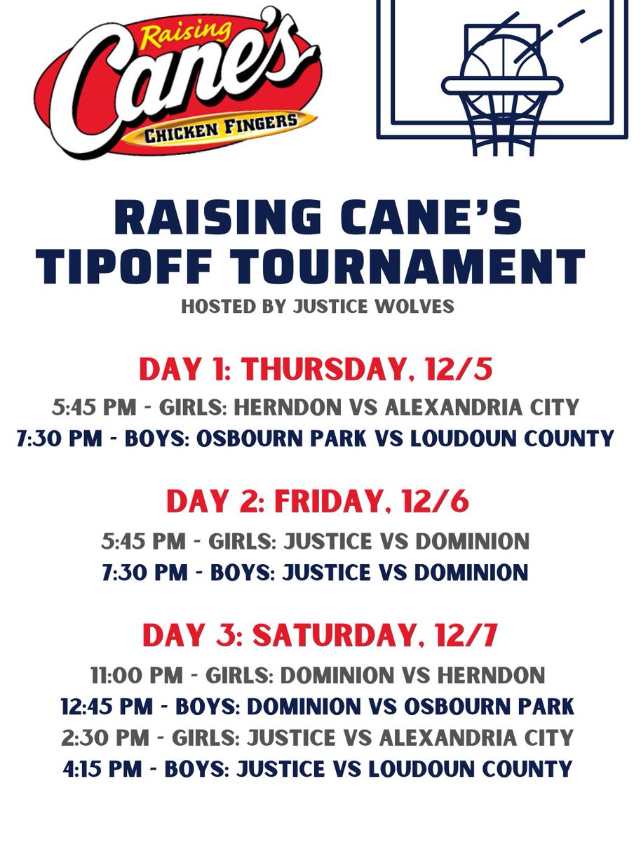 Our Raising Cane’s Tipoff Tournament starts tonight! Swing by Raising Cane’s in Seven Corners and grab some food before three great days of basketball!
