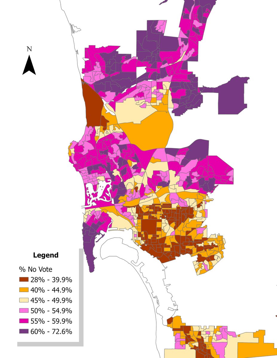 With the official results in from the November 2024 election, here's a map of the Measure E vote. The No campaign did best North of the 8, along the 56 corridor and in Point Loma. The Yes campaign did best South of the 8, in college communities, and Southeast SD.