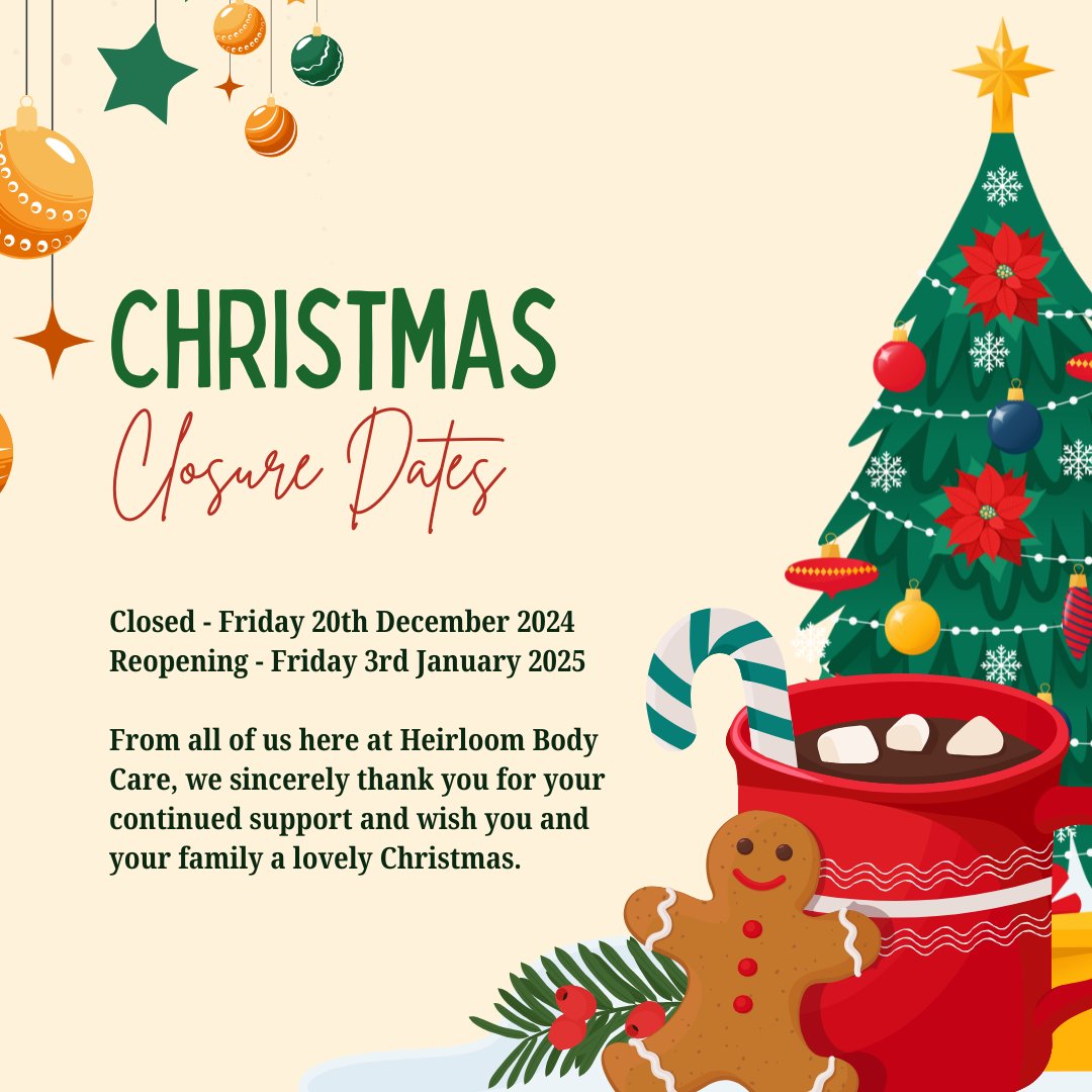 HeirloomBody's tweet image. Hello👋🏻 This is just a friendly reminder that we will be closed on Friday 20.12.24 and will reopen on Friday 3.1.25.