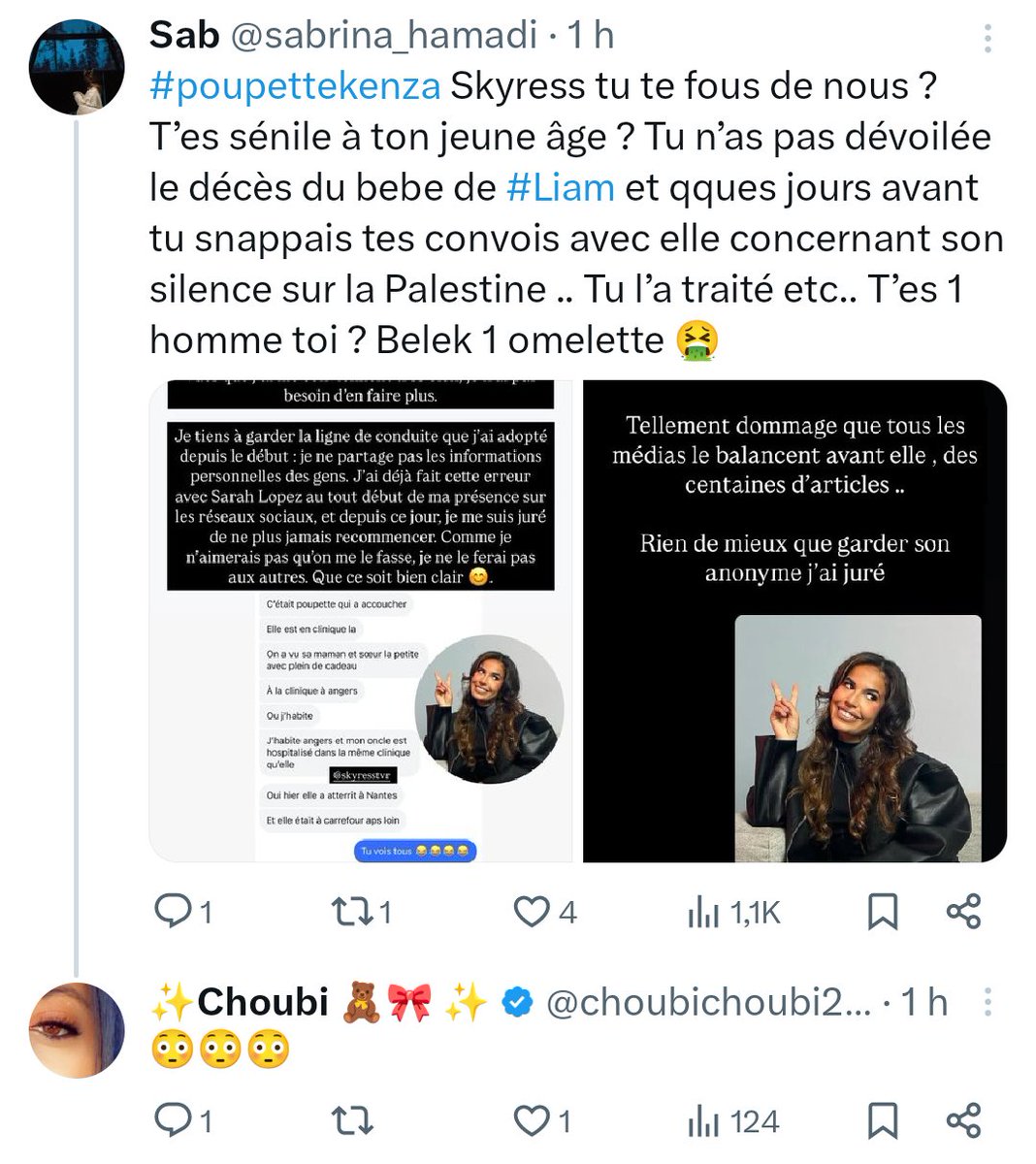Troca663246's tweet photo. C'est pas Choubimerde qui disait avoir des contacts concernant poupette ? Qu'elle était sa go ? Elle n'a même pas été fichue d'annoncer qu'elle avait accouché date et heure.
Elle est loin la radio sale menteuse des bas fonds. 
#poupettekenza https://t.co/6NdpL7z0HU
