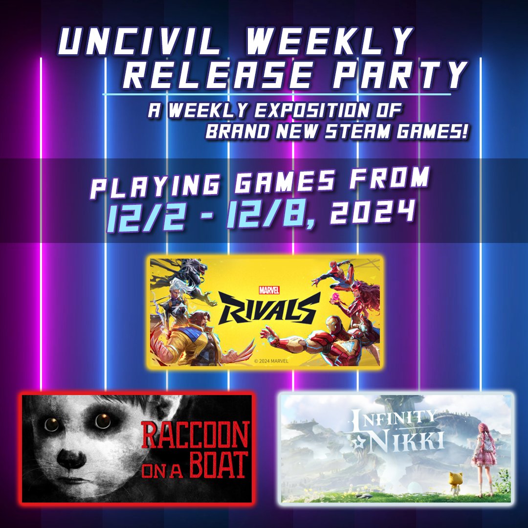 DaxelTheDeer's tweet image. Uncivil Weekly Release Party Time! Marvel Rivals, Infinity Nikki, and Raccoon on a Boat!
Streaming live now! With raffles and prizes!
twitch.tv/daxelthedeer