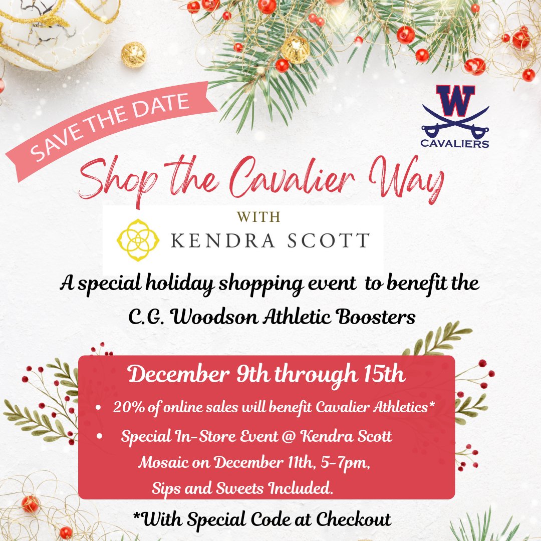 SAVE THE DATE!
Woodson Athletic Boosters have scored some exclusive discounts at Kendra Scott all next week. Finish your holiday shopping AND benefit the Woodson Athletic Boosters - who support all the athletic programs at our school!