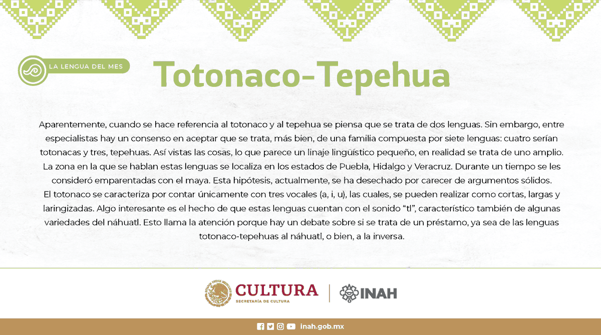 cnan_inah's tweet photo. En el marco del #desceniodelaslenguas proclamado por la #ONU a través de la #UNESCO, se publicará mes con mes una breve monografía sobre los idiomas que se hablan en México.
Iniciativa y textos por: Hamlet Antonio García Zúñiga
¡Compartan!
#lenguasindigenas #totonacotepehua https://t.co/s8V4slKSYT