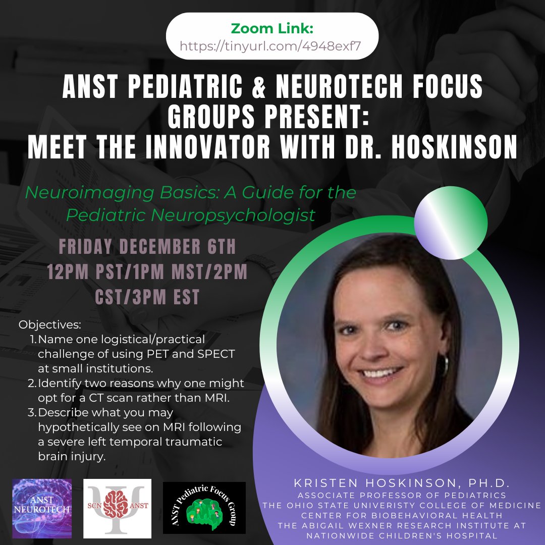 AnstPeds's tweet image. Happy Thursday!
The ANST Pediatric and Neurotech Focus Groups are excited to announce that we are hosting a talk tomorrow on Neuroimaging Basics presented by Dr. Kristen Hoskinson.
Please see the attached flyer for more information.
Hope to see you there!