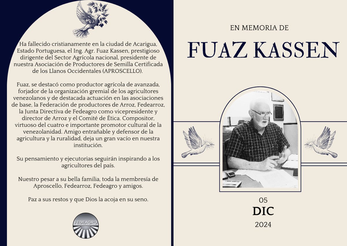 Desde <a href="/FEDEAGRODIGITAL/">FEDEAGRO | SEMBRANDO FUTURO</a> lamentamos la partida física de nuestro amigo, y luchador gremial, defensor de la ruralidad venezolanoa Fuaz Kassen. Sentido pésame a toda la familia Kassen. El gremio agrícola está de luto.