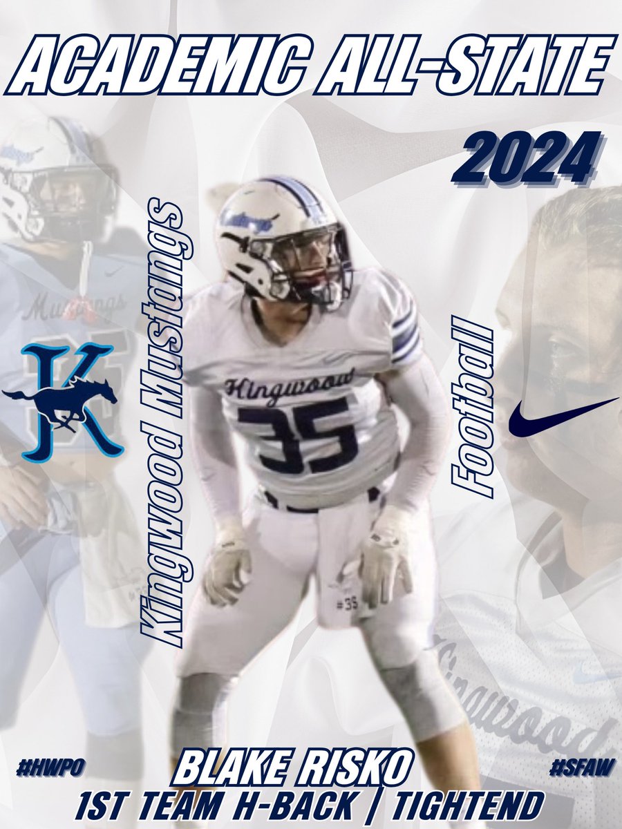 KHSMustangFBall's tweet photo. Congratulations to our very own Blake Risko for being named @THSCAcoaches Academic All-State 1st team! Big plays and Big grades!

#SFAW #HWPO #NoExcuses #Believe #BTA #KingwoodALLIN https://t.co/sqyMDOQMaX
