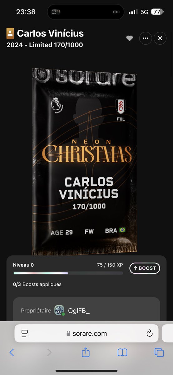 OglFB_'s tweet image. GIVEAWAY 🎁 Sorare

Carlos Vinicius ( Version Christmas ) est à gagner !! 🇧🇷🇧🇷
TAS le Lundi 9 Décembre !!⏳
Pour participer :

✅ follow me 
✅ Retweet et like le post
✅ Commente ton nom Sorare 

Bonne chance 🍀 à tous ! #Concours #Sorare #Giveaway #Limited #soraregiveaway