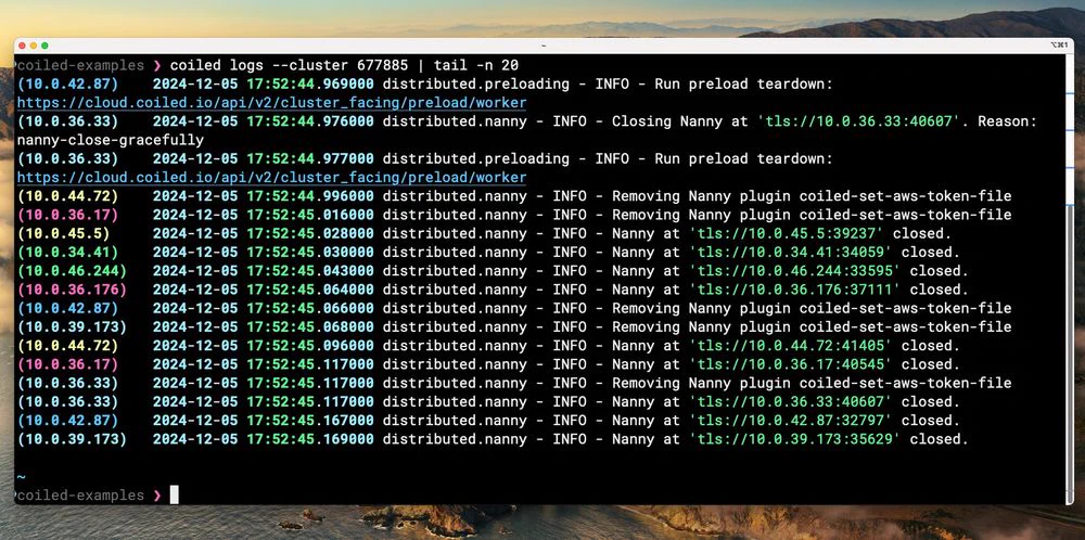 Rich terminal output from `coiled logs` CLI command