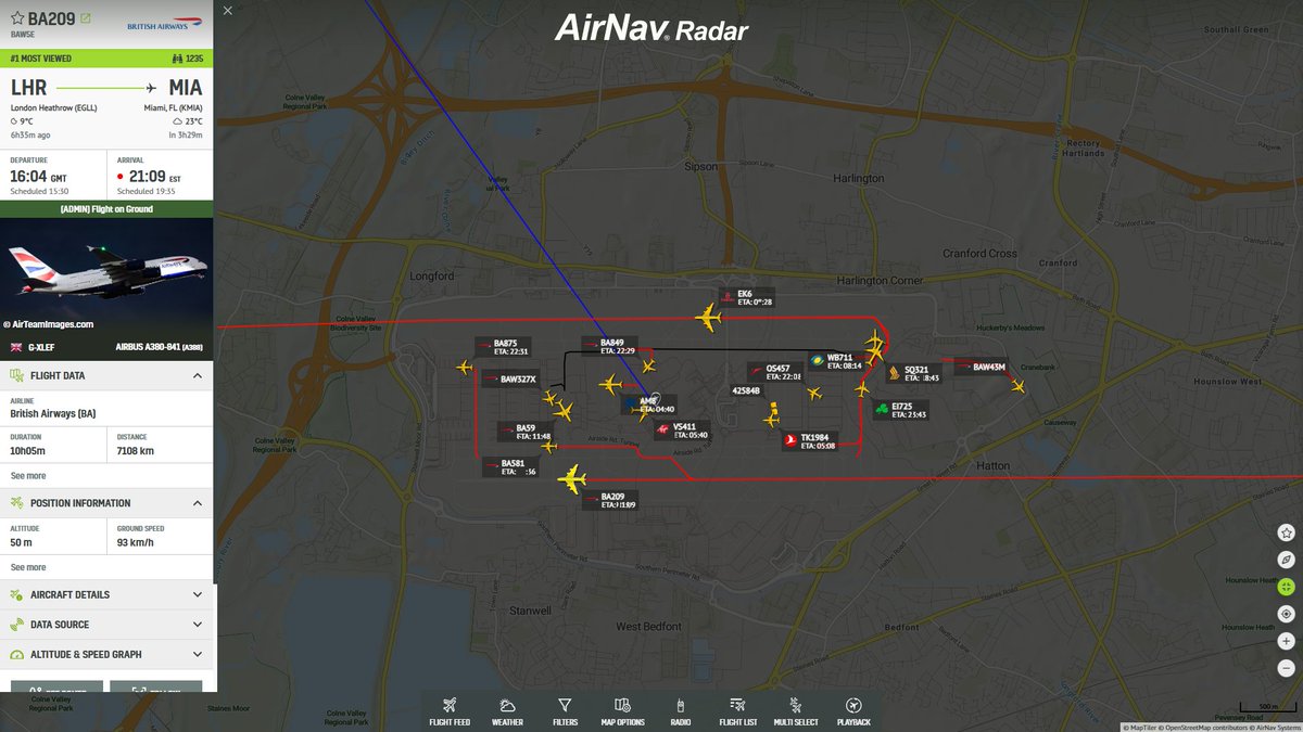 AirNavRadar's tweet photo. British Airways flight #BA209 has just landed back at London Heathrow after flying for approximately 6 hours and 36 minutes: https://t.co/DZxEO2EMW2 https://t.co/DuuY1ACKWU