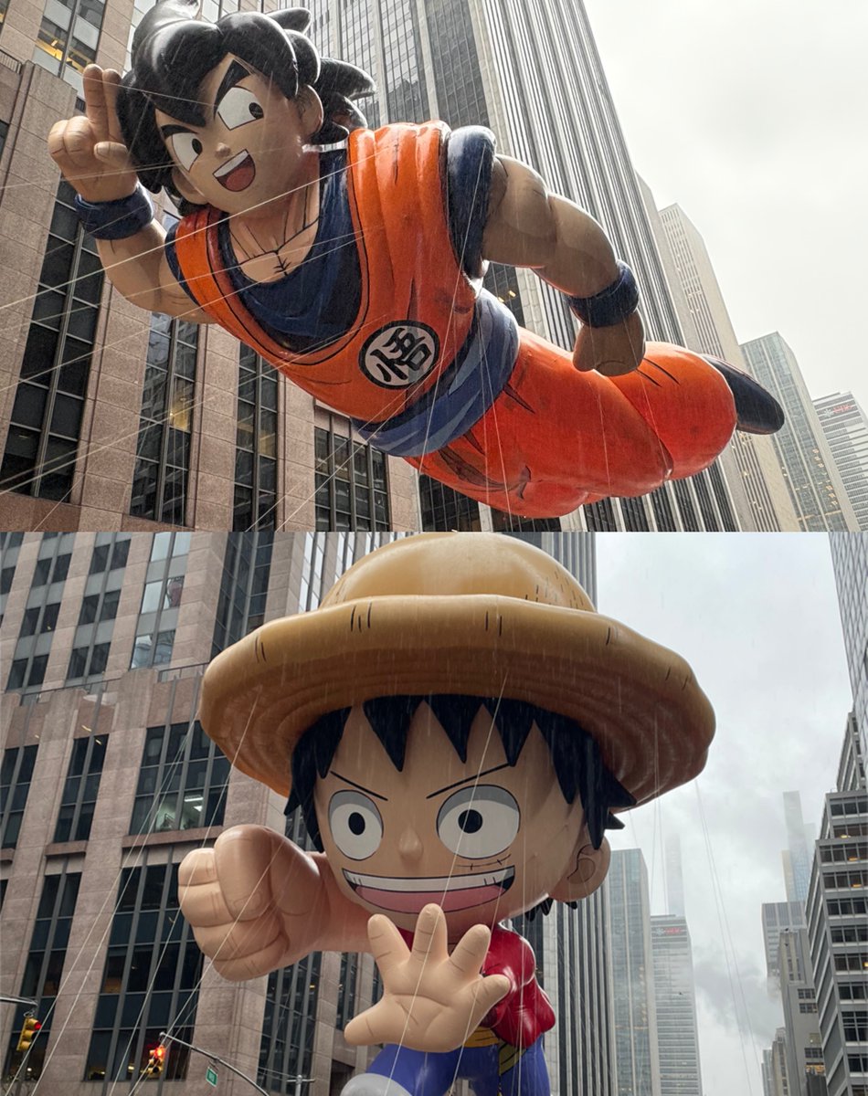 ToeiAnimation's tweet image. One week later, we still can't shake off seeing Goku and Luffy soar through the skies of New York at the 2024 Macy's Thanksgiving Parade! #ThanksGoku #ThanksLuffy2024 #MacysParade #DragonBall #OnePiece